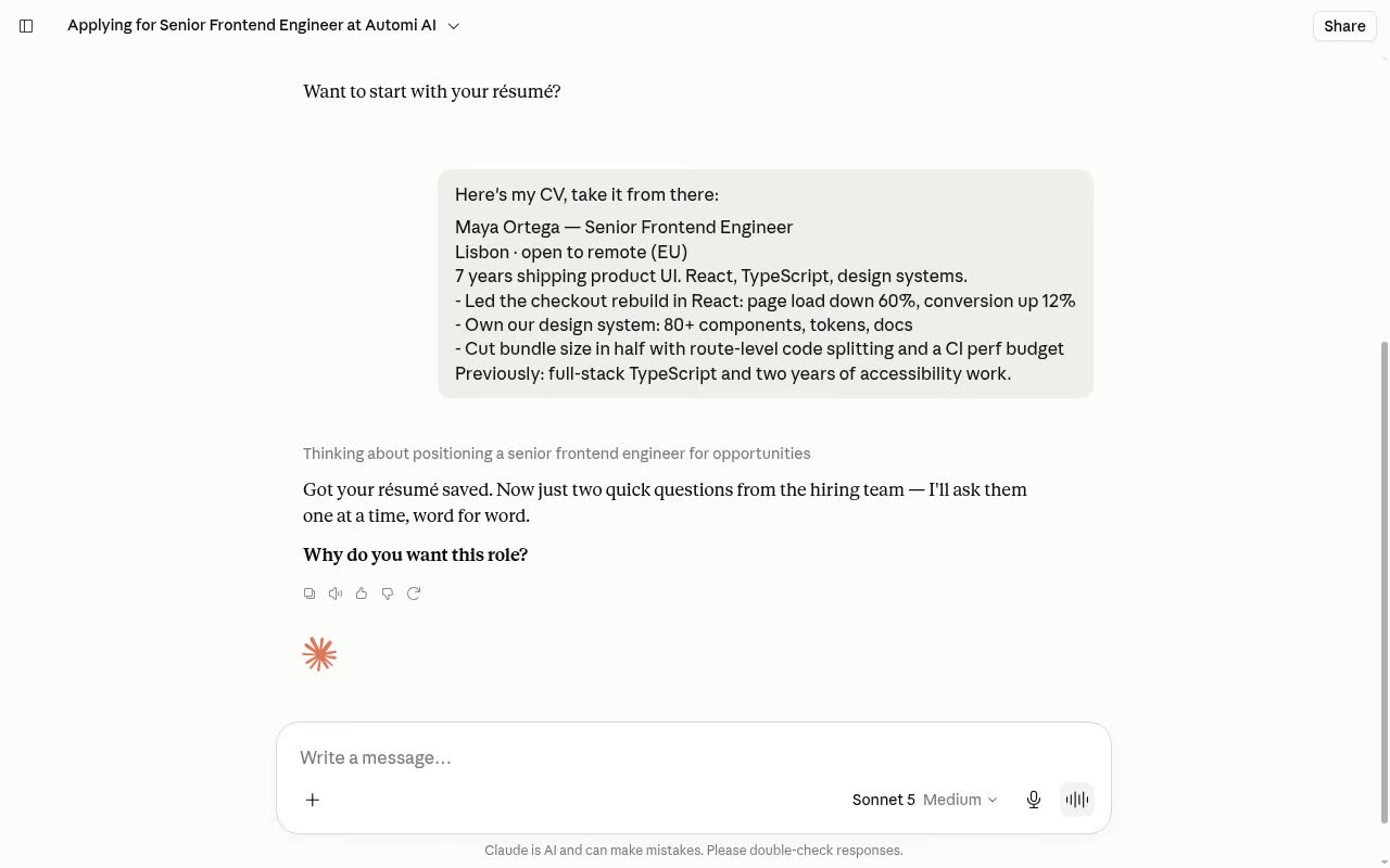 A real application conversation: the assistant asks the role's questions one at a time and the candidate answers in her own words.