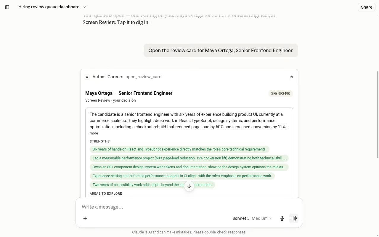 The review card inside an AI assistant: a candidate's brief with a decision being recorded by a named person.